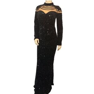 Love & Lemonade Black Sequin Gown Mock Neck Beaded Formal Dress Large